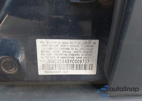 2000 Honda Accord 2.3 Lx from USA, damaged, VIN JHMCG5645YC009737